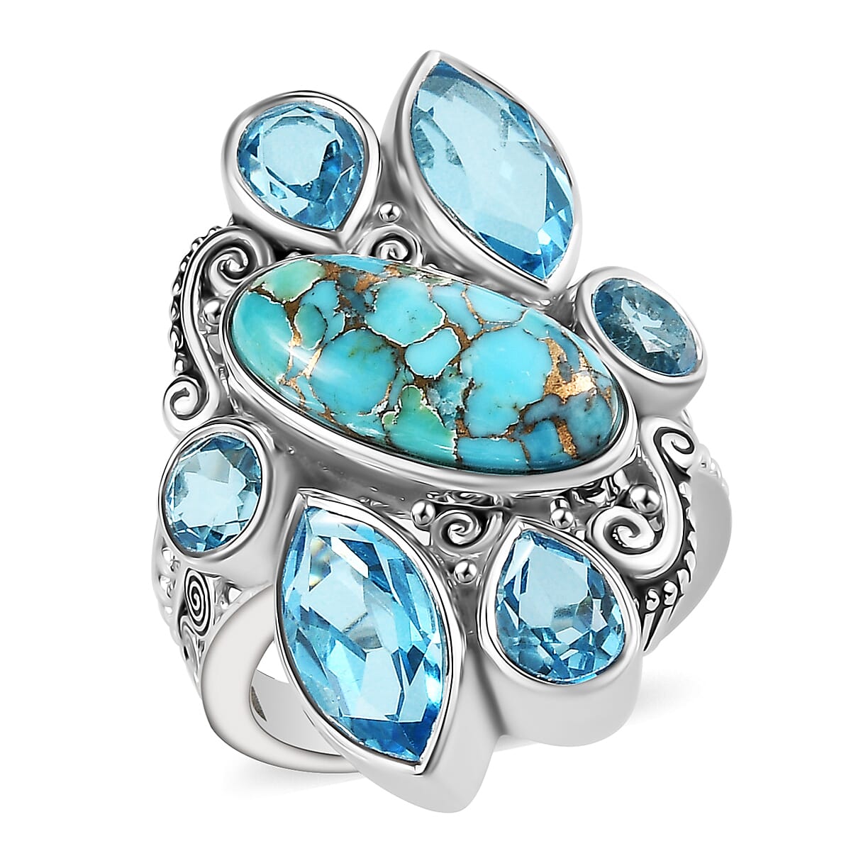 Sajen Silver Recon Turquoise and Celestial Swiss Blue Doublet Quartz Ring in Rhodium Over Sterling Silver (Size 7.0) image number 0