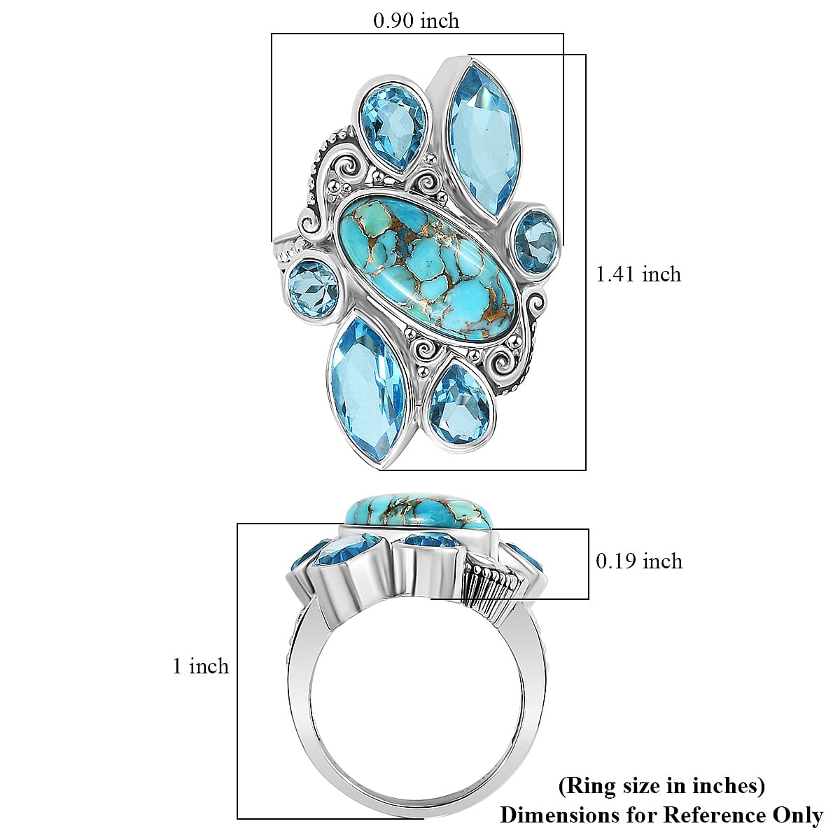Sajen Silver Recon Turquoise and Celestial Swiss Blue Doublet Quartz Ring in Rhodium Over Sterling Silver (Size 8.0) image number 5