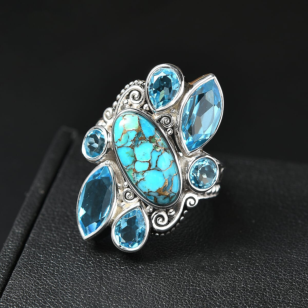 Sajen Silver Recon Turquoise and Celestial Swiss Blue Doublet Quartz Ring in Rhodium Over Sterling Silver (Size 9.0) image number 1