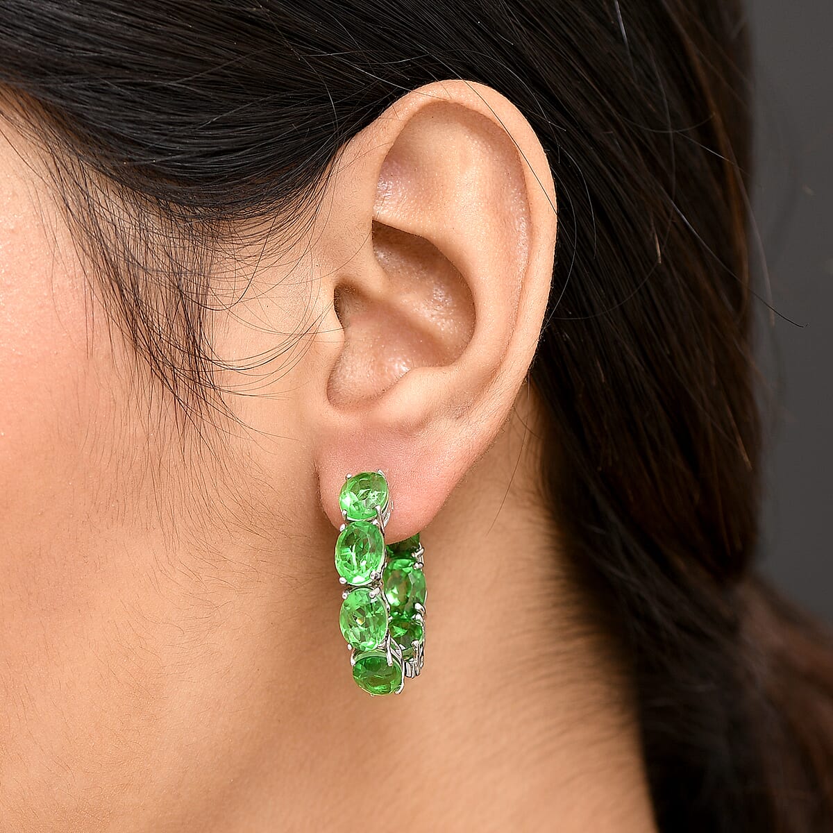 EverTrue Chartreuse Quartz (Triplet) 20.50 ctw Hoop Earrings in Platinum Bond image number 2
