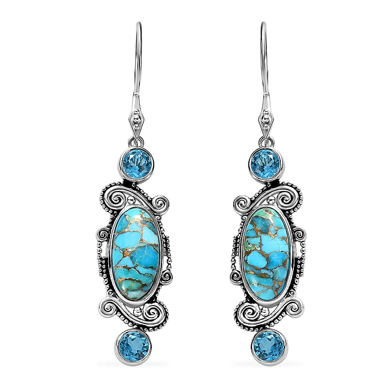 Sajen Silver Recon Turquoise and Celestial Swiss Blue Doublet Quartz 10.40 ctw Earrings in Rhodium Over Sterling Silver