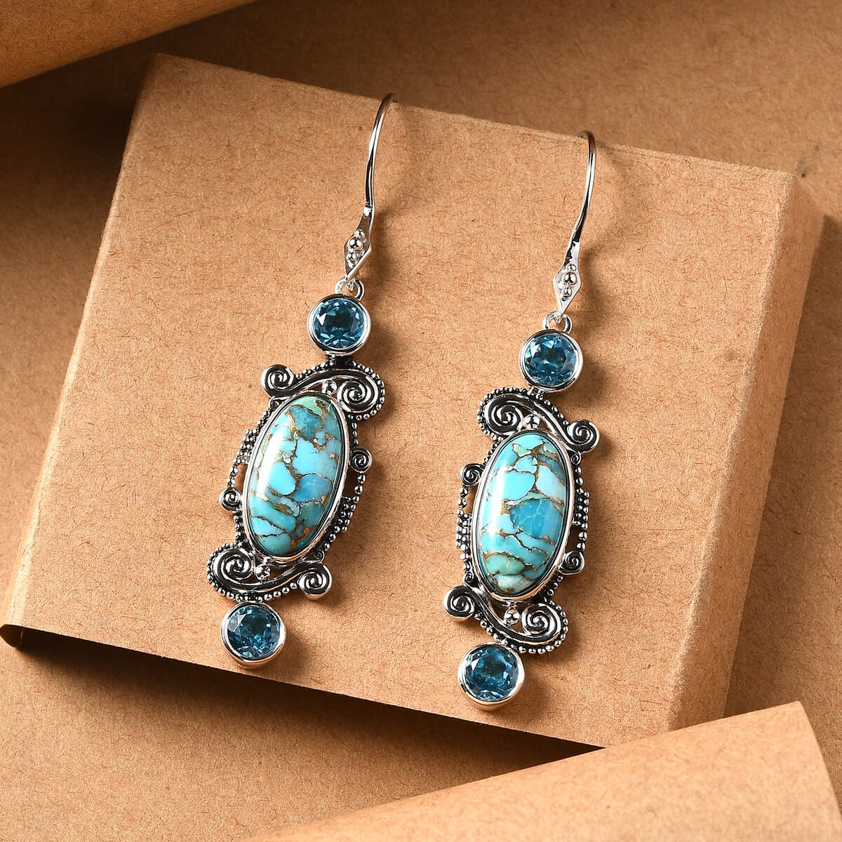 Sajen Silver Recon Turquoise and Celestial Swiss Blue Doublet Quartz 10.40 ctw Earrings in Rhodium Over Sterling Silver image number 1