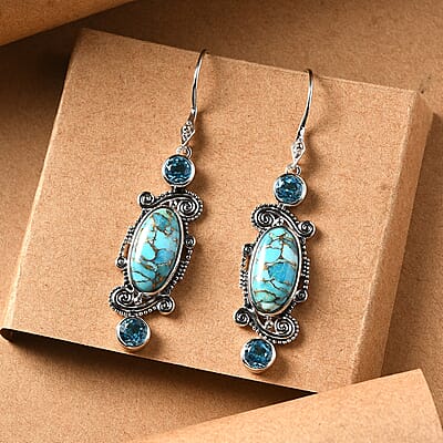 Sajen Silver Recon Turquoise and Celestial Swiss Blue Doublet Quartz 10.40 ctw Earrings in Rhodium Over Sterling Silver