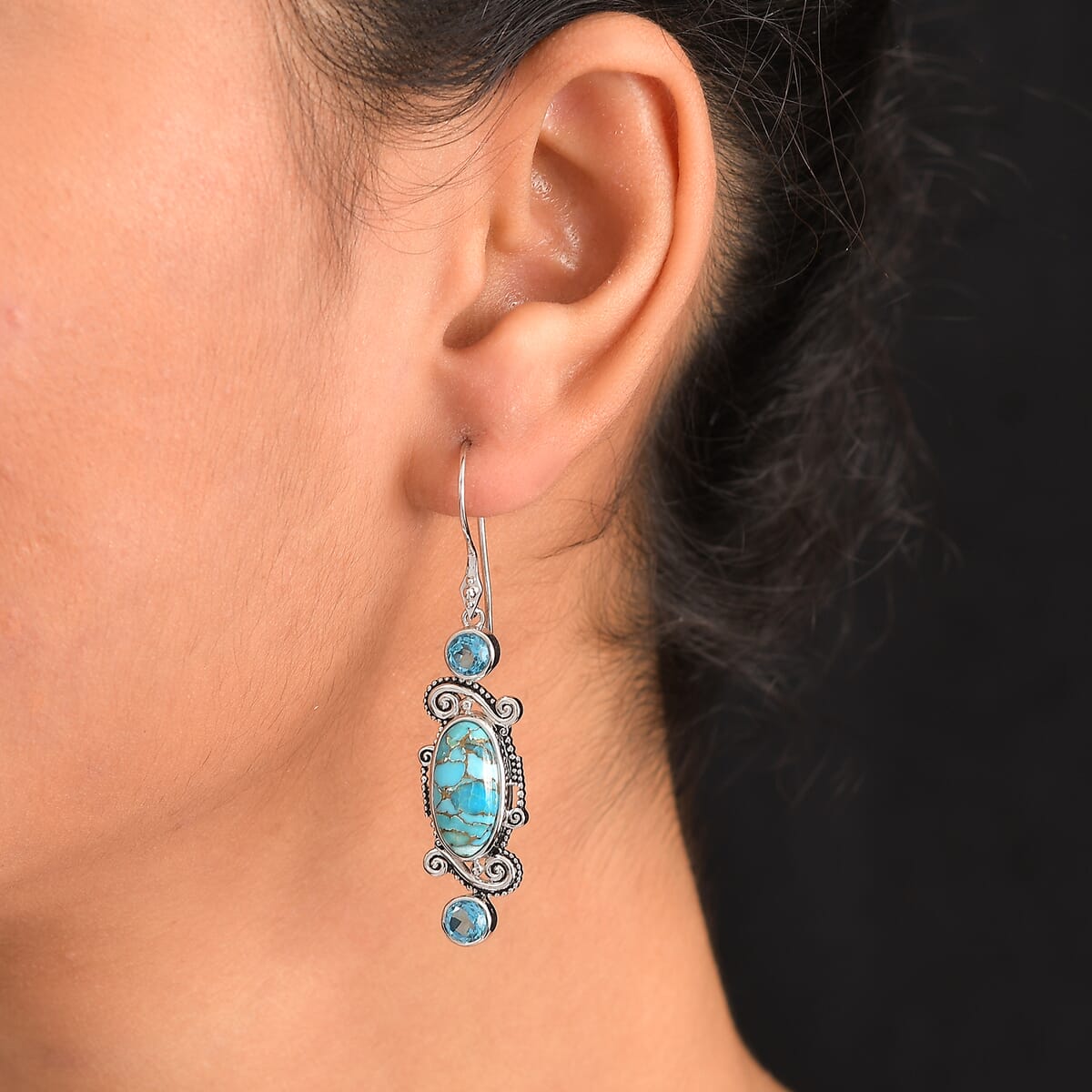 Sajen Silver Recon Turquoise and Celestial Swiss Blue Doublet Quartz 10.40 ctw Earrings in Rhodium Over Sterling Silver image number 2
