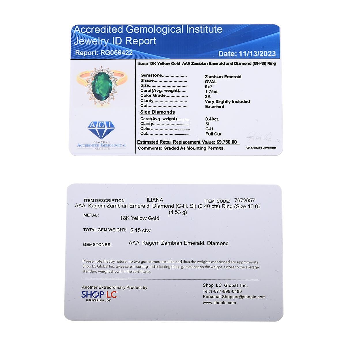 Luxoro AAA Kagem Zambian Emerald and G-H I2 Diamond 2.18 ctw Ring in 14K Yellow Gold (Size 8.0) (Del. In 10-15 Days) image number 7