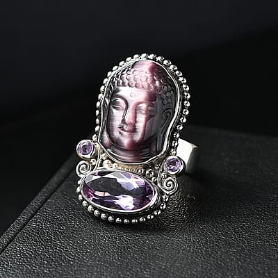 Sajen Silver African Amethyst Carved Buddha 22.90 ctw Ring in Rhodium Over Sterling Silver (Size 10.0)