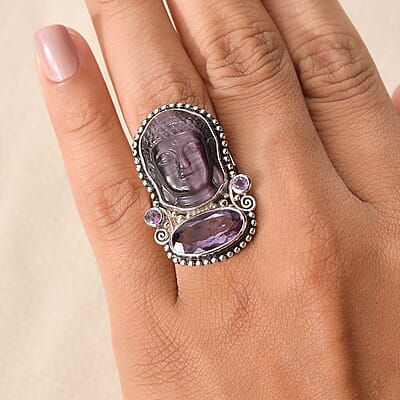 Sajen Silver African Amethyst Carved Buddha 22.90 ctw Ring in Rhodium Over Sterling Silver (Size 10.0)