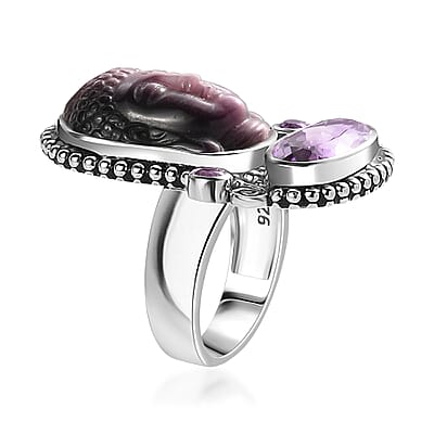 Sajen Silver African Amethyst Carved Buddha 22.90 ctw Ring in Rhodium Over Sterling Silver (Size 10.0)