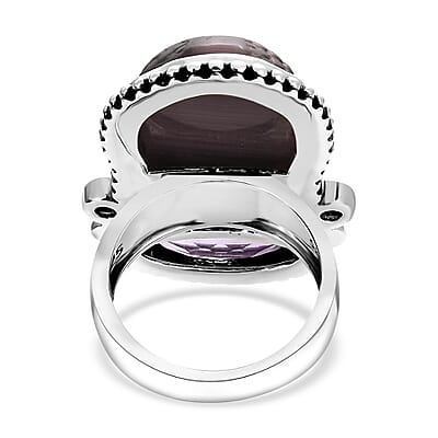 Sajen Silver African Amethyst Carved Buddha 22.90 ctw Ring in Rhodium Over Sterling Silver (Size 10.0)