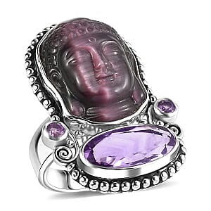 Sajen Silver African Amethyst Carved Buddha 22.90 ctw Ring in Rhodium Over Sterling Silver (Size 6.0)
