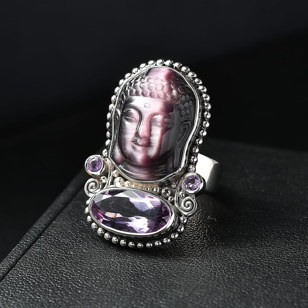 Sajen Silver African Amethyst Carved Buddha 22.90 ctw Ring in Rhodium Over Sterling Silver (Size 6.0) image number 1