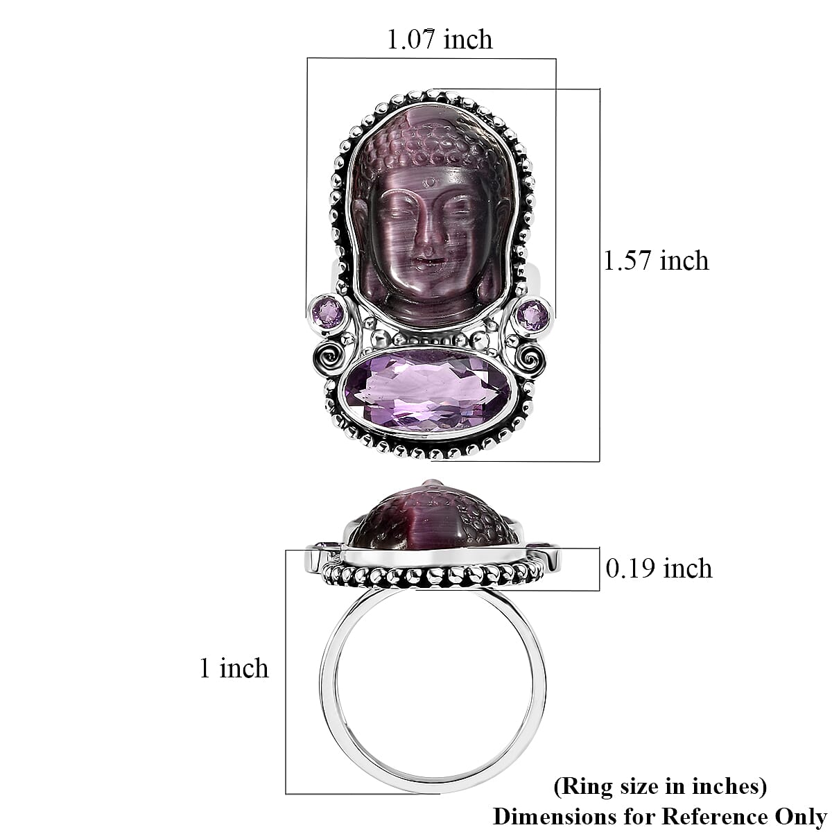 Sajen Silver African Amethyst Carved Buddha 22.90 ctw Ring in Rhodium Over Sterling Silver (Size 6.0) image number 5