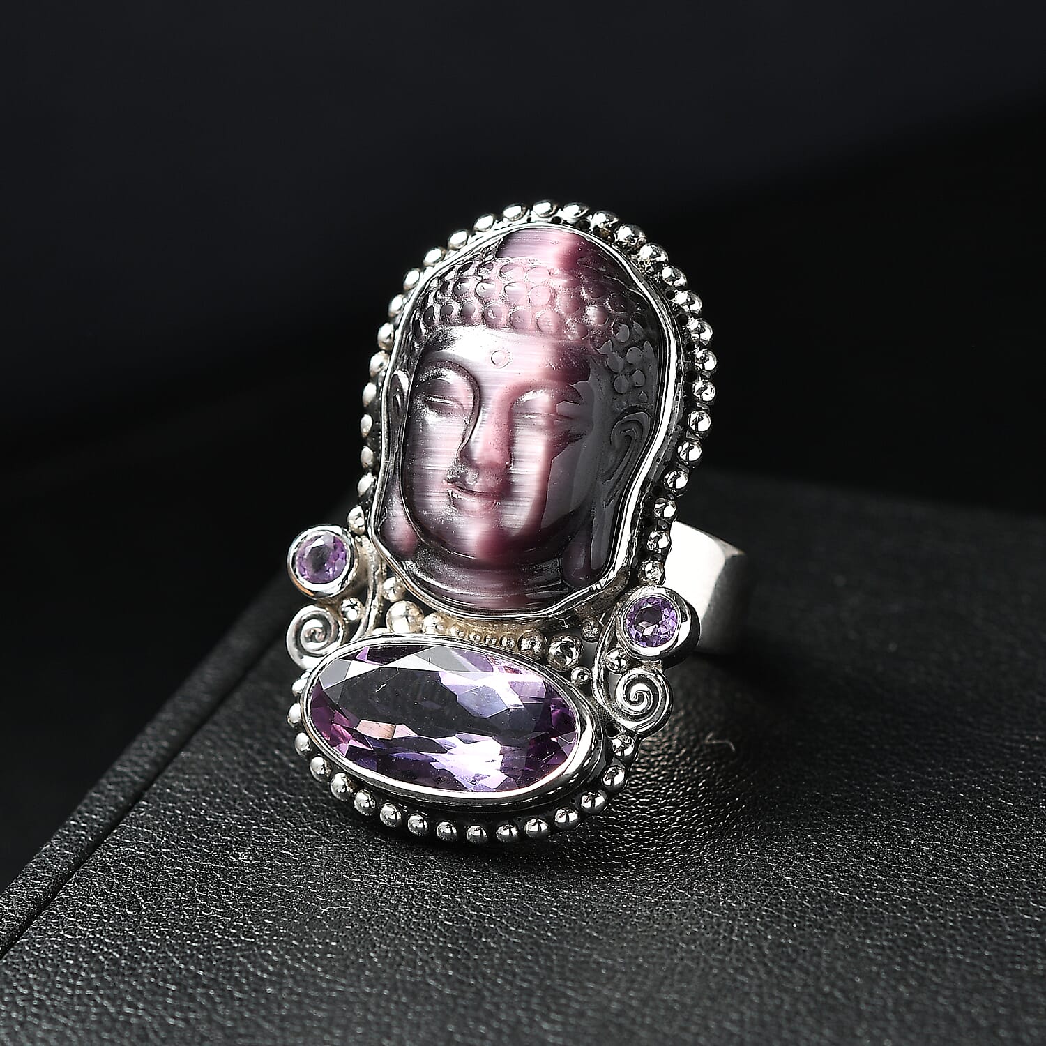 Sajen Silver African Amethyst Carved Buddha 22.90 ctw Ring in Rhodium Over Sterling Silver