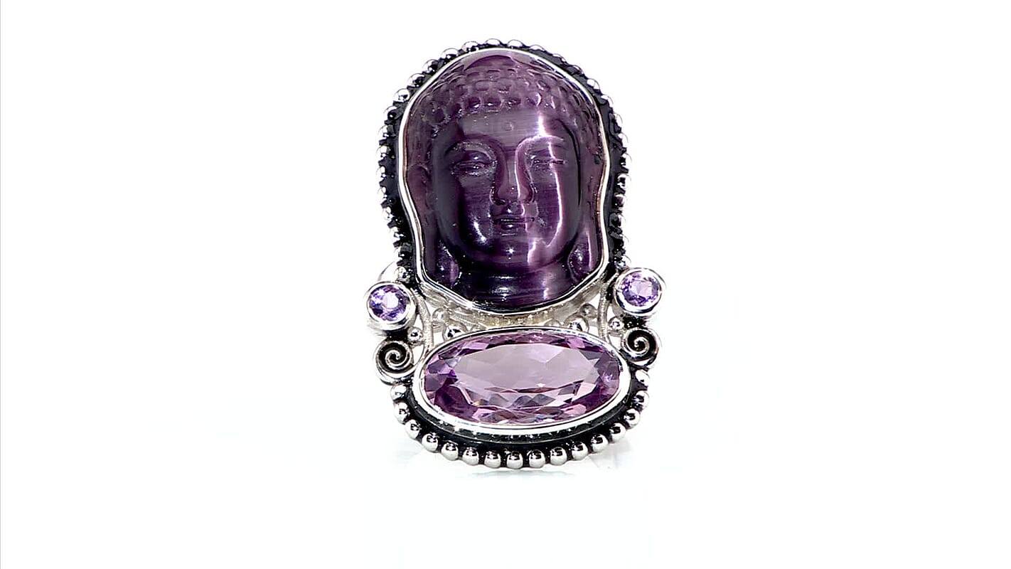 Sajen Silver African Amethyst Carved Buddha 22.90 ctw Ring in Rhodium Over Sterling Silver