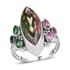 Sajen Silver Celestial Bi-Color Watermelon Doublet Quartz and Multi Gemstone 9.30 ctw Ring in Rhodium Over Sterling Silver (Size 10.0)