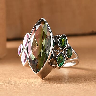 Sajen Silver Celestial Bi-Color Watermelon Doublet Quartz and Multi Gemstone 9.30 ctw Ring in Rhodium Over Sterling Silver (Size 10.0)