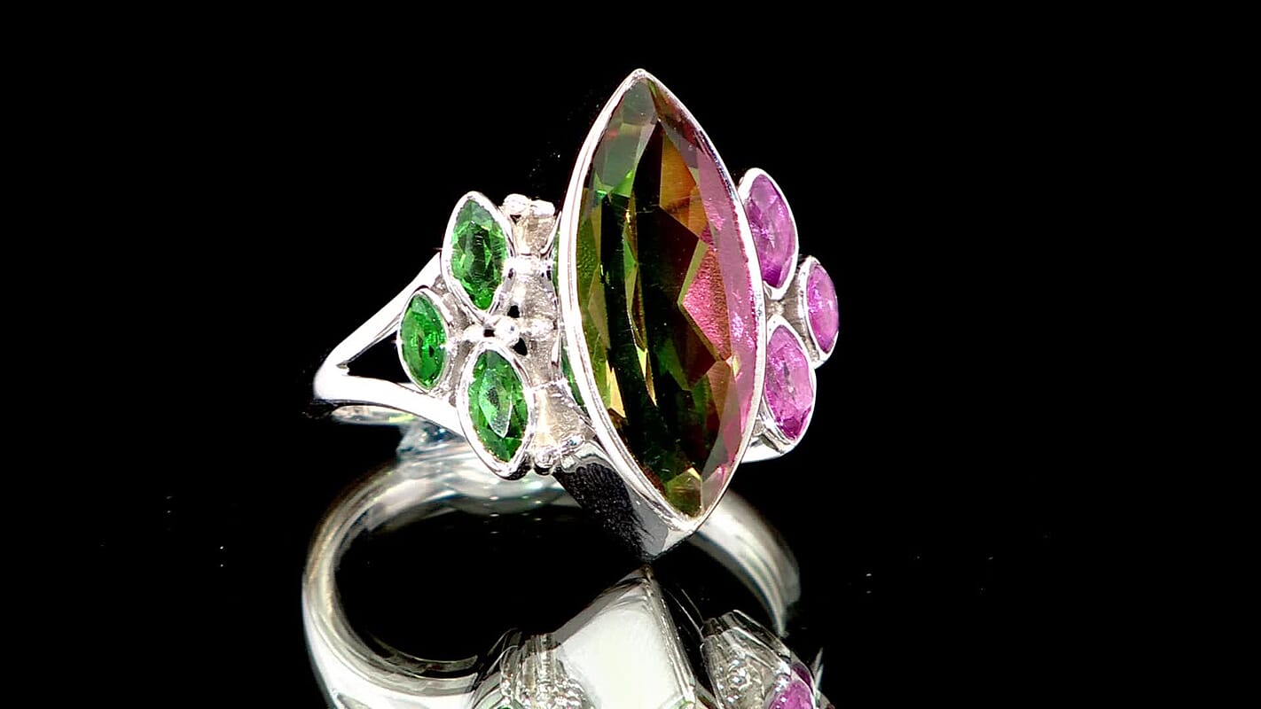 Sajen Silver Celestial Bi-Color Watermelon Doublet Quartz and Multi Gemstone 9.30 ctw Ring in Rhodium Over Sterling Silver