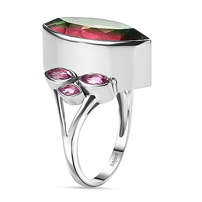 Sajen Silver Celestial Bi-Color Watermelon Doublet Quartz and Multi Gemstone 9.30 ctw Ring in Rhodium Over Sterling Silver (Size 10.0)