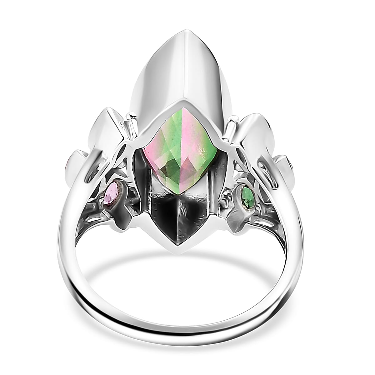 Sajen Silver Celestial Bi-Color Watermelon Doublet Quartz and Multi Gemstone 9.30 ctw Ring in Rhodium Over Sterling Silver (Size 10.0) image number 4