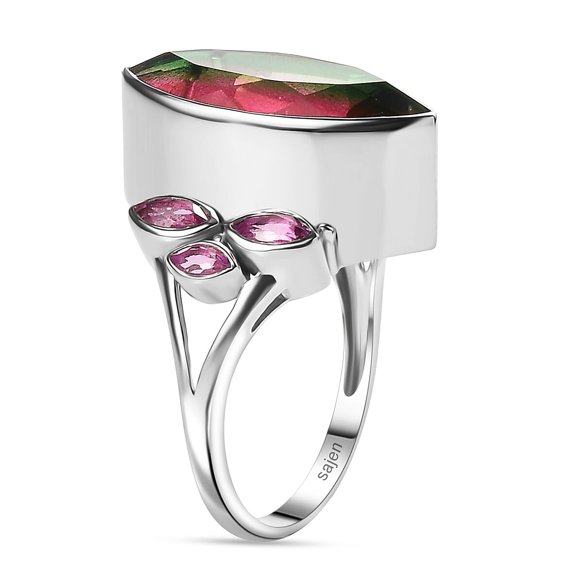 Sajen Silver Celestial Bi-Color Watermelon Doublet Quartz and Multi Gemstone 9.30 ctw Ring in Rhodium Over Sterling Silver (Size 11.0) image number 3