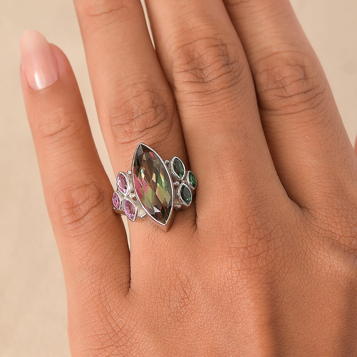 Sajen Silver Celestial Bi-Color Watermelon Doublet Quartz and Multi Gemstone 9.30 ctw Ring in Rhodium Over Sterling Silver (Size 9.0) image number 2