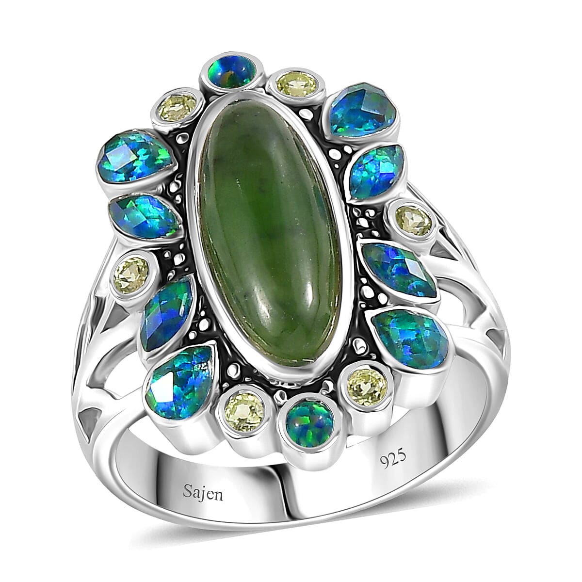 Sajen Silver Nephrite Jade and Multi Gemstone 8.00 ctw Ring in Rhodium Over Sterling Silver (Size 10.0) image number 0