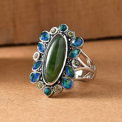 Sajen Silver Nephrite Jade and Multi Gemstone 8.00 ctw Ring in Rhodium Over Sterling Silver (Size 10.0)