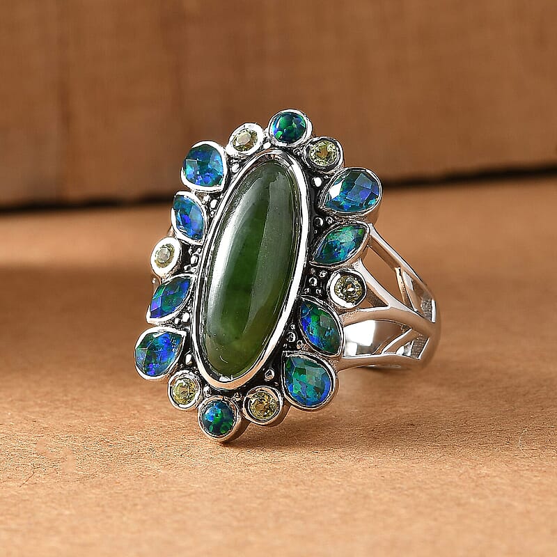 Sajen Silver Nephrite Jade and Multi Gemstone 8.00 ctw Ring in Rhodium Over Sterling Silver (Size 10.0)