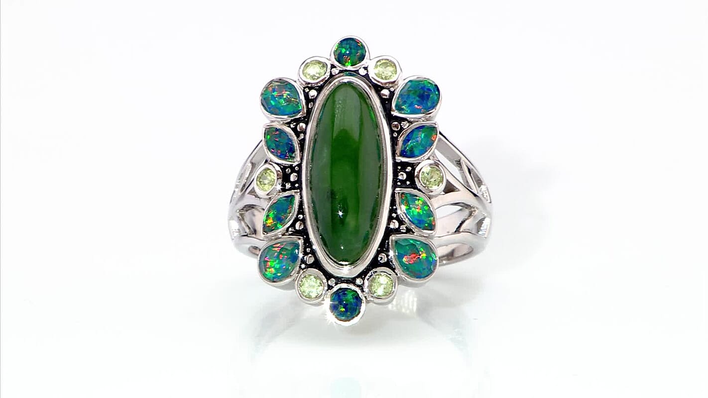 Sajen Silver Nephrite Jade and Multi Gemstone 8.00 ctw Ring in Rhodium Over Sterling Silver