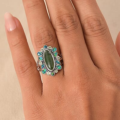 Sajen Silver Nephrite Jade and Multi Gemstone 8.00 ctw Ring in Rhodium Over Sterling Silver (Size 10.0)