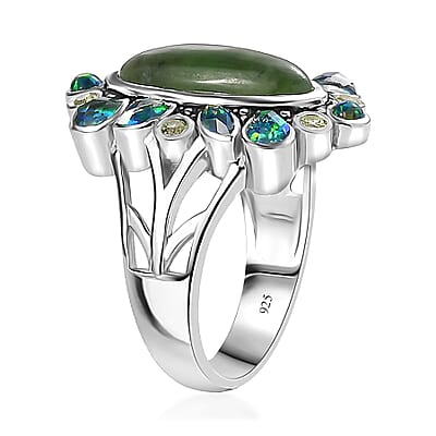 Sajen Silver Nephrite Jade and Multi Gemstone 8.00 ctw Ring in Rhodium Over Sterling Silver (Size 10.0)