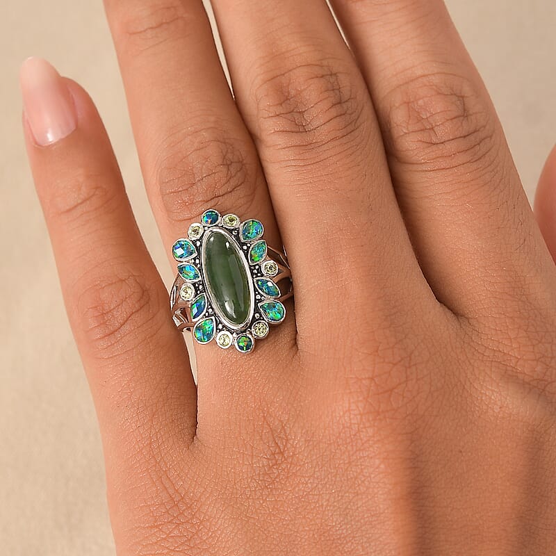 Sajen Silver Nephrite Jade and Multi Gemstone 8.00 ctw Ring in Rhodium Over Sterling Silver (Size 6.0)