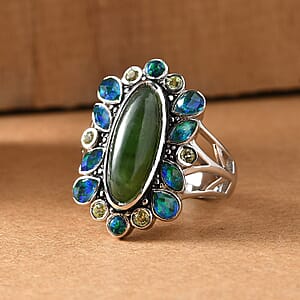 Sajen Silver Nephrite Jade and Multi Gemstone 8.00 ctw Ring in Rhodium Over Sterling Silver (Size 7.0)