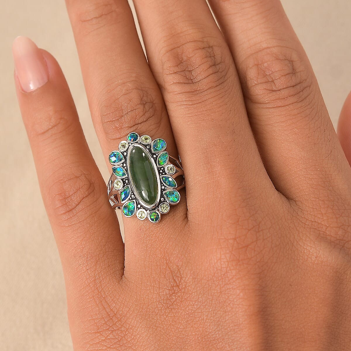 Sajen Silver Nephrite Jade and Multi Gemstone 8.00 ctw Ring in Rhodium Over Sterling Silver (Size 8.0) image number 2