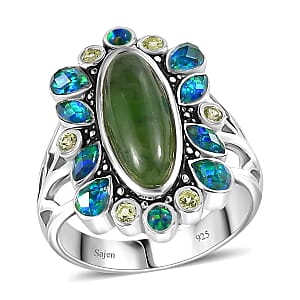 Sajen Silver Nephrite Jade and Multi Gemstone 8.00 ctw Ring in Rhodium Over Sterling Silver (Size 9.0)