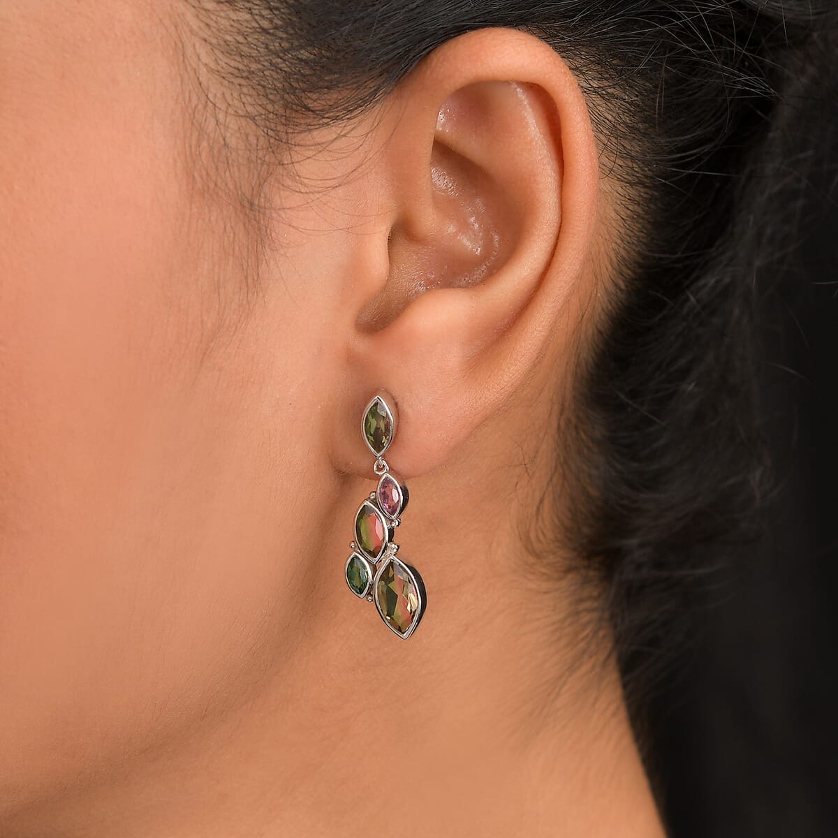 Sajen Silver Celestial Bi-Color Watermelon Doublet Quartz and Multi Gemstone 4.60 ctw Earrings in Rhodium Over Sterling Silver image number 2