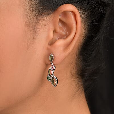 Sajen Silver Celestial Bi-Color Watermelon Doublet Quartz and Multi Gemstone 4.60 ctw Earrings in Rhodium Over Sterling Silver