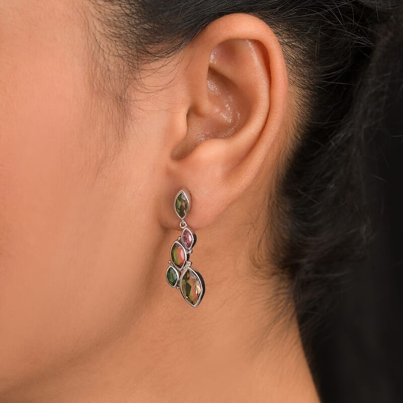 Sajen Silver Celestial Bi-Color Watermelon Doublet Quartz and Multi Gemstone 4.60 ctw Earrings in Rhodium Over Sterling Silver