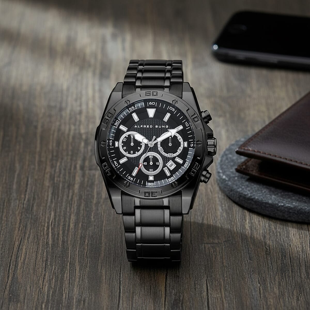 Closeout Alfred Sung ION Plated Black Japanese Movement Watch image number 1