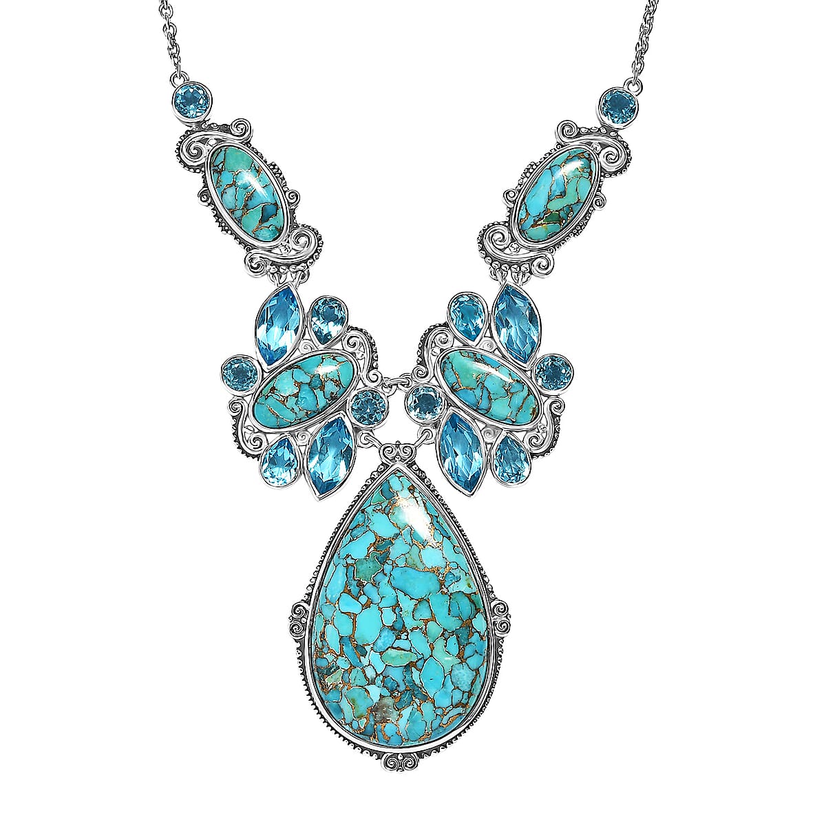 Sajen Silver Recon Turquoise and Celestial Swiss Blue Doublet Quartz 83.90 ctw Necklace 18 Inches in Rhodium Over Sterling Silver image number 0