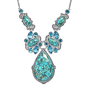 Sajen Silver Recon Turquoise and Celestial Swiss Blue Doublet Quartz 83.90 ctw Necklace 18 Inches in Rhodium Over Sterling Silver