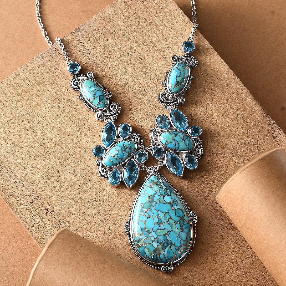 Sajen Silver Recon Turquoise and Celestial Swiss Blue Doublet Quartz 83.90 ctw Necklace 18 Inches in Rhodium Over Sterling Silver image number 1