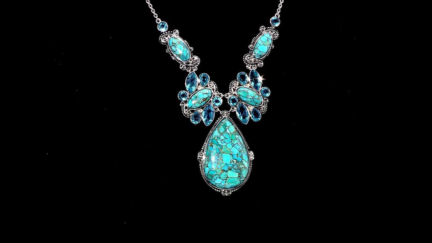Sajen Silver Recon Turquoise and Celestial Swiss Blue Doublet Quartz 83.90 ctw Necklace 18 Inches in Rhodium Over Sterling Silver
