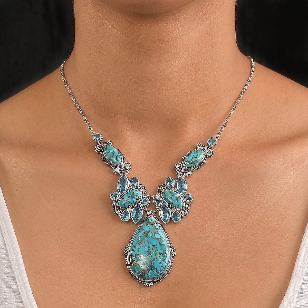 Sajen Silver Recon Turquoise and Celestial Swiss Blue Doublet Quartz 83.90 ctw Necklace 18 Inches in Rhodium Over Sterling Silver image number 2