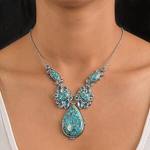Sajen Silver Recon Turquoise and Celestial Swiss Blue Doublet Quartz 83.90 ctw Necklace 18 Inches in Rhodium Over Sterling Silver
