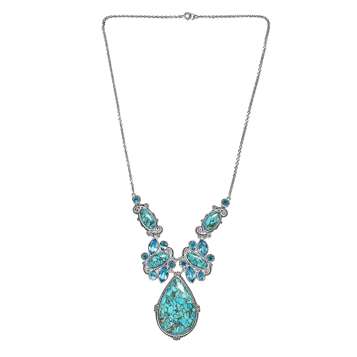 Sajen Silver Recon Turquoise and Celestial Swiss Blue Doublet Quartz 83.90 ctw Necklace 18 Inches in Rhodium Over Sterling Silver image number 3