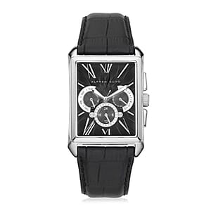 Closeout Alfred Sung Stainless Steel Japanese Movement Watch with Black Genuine Leather Strap