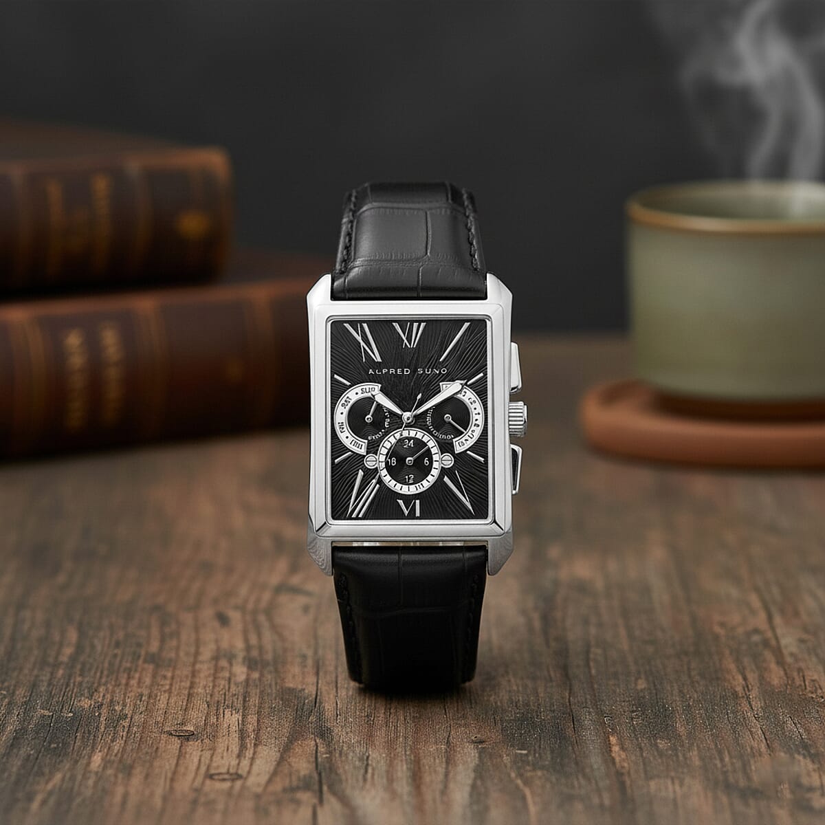 Closeout Alfred Sung Stainless Steel Japanese Movement Watch with Black Genuine Leather Strap image number 1