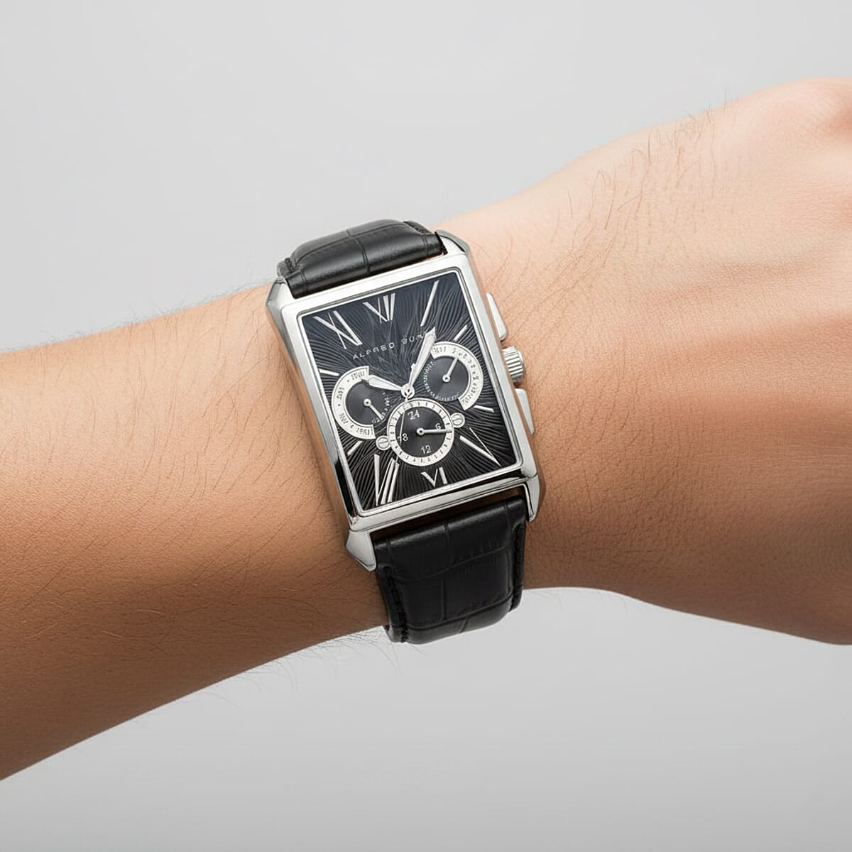 Closeout Alfred Sung Stainless Steel Japanese Movement Watch with Black Genuine Leather Strap image number 2