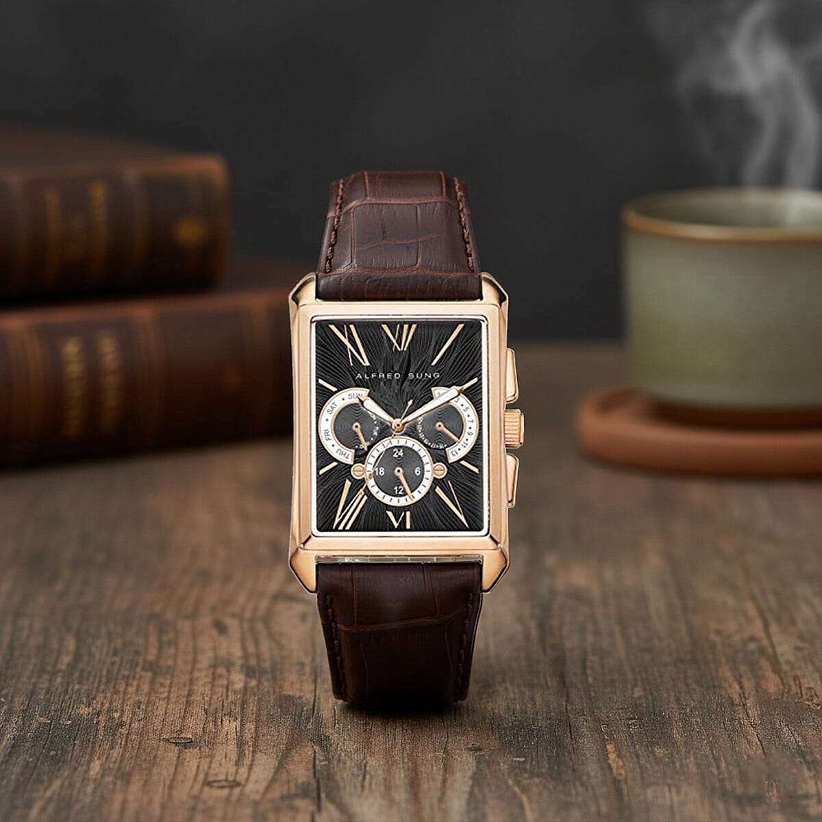 Closeout Alfred Sung ION Plated Rose Gold Japanese Movement Watch with Brown Genuine Leather Strap image number 1